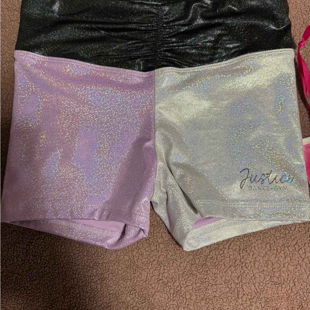 Justice Girls Shimmer Dance Set in Lavender and Silver with Black Trim